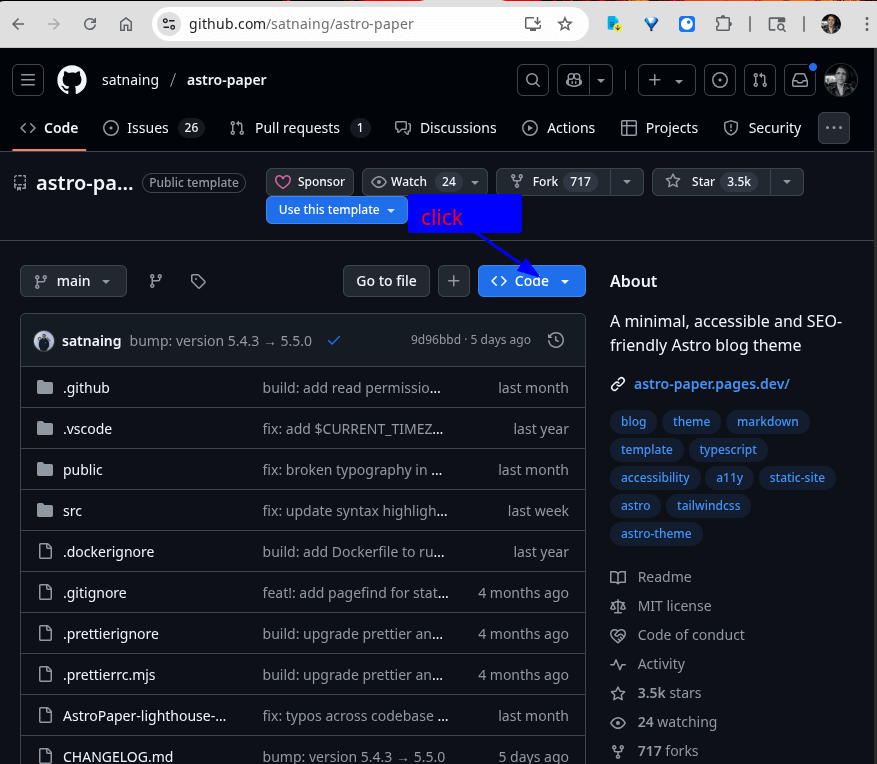 open astro paper project page on github