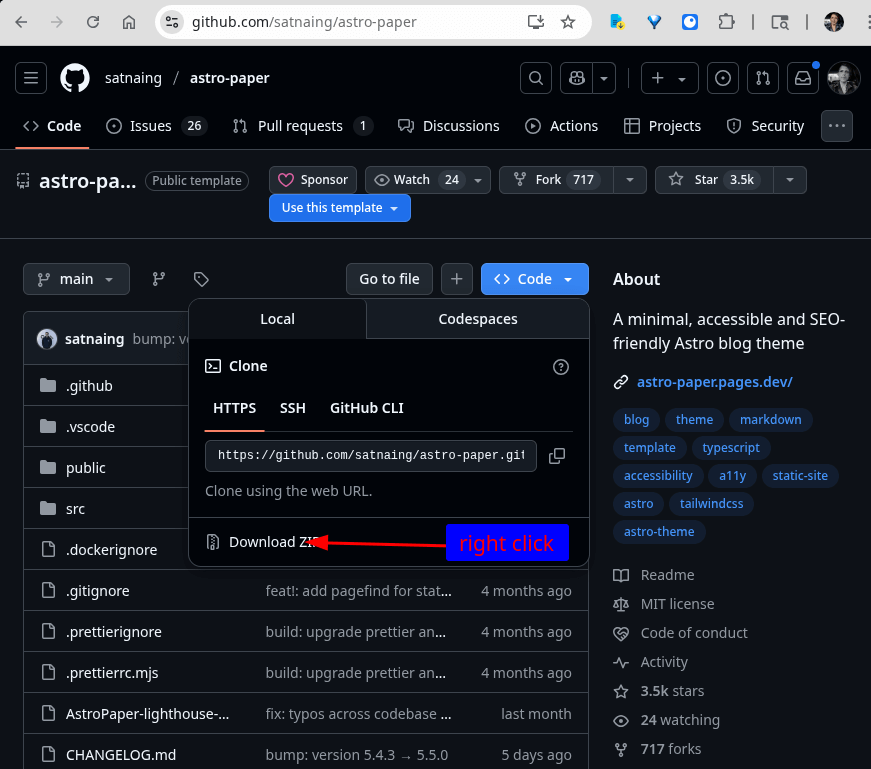click code button on github project page
